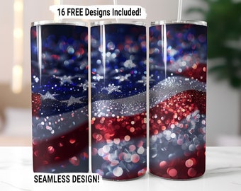 Glitter American Flag Tumbler Wrap Seamless Sublimation 4th of July USA Flag Design PNG, 20 oz Skinny Tumbler Wrap Patriotic Download Only