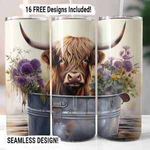Highland Cow Tumbler Wrap Seamless Sublimation PNG, 20 oz Skinny Tumbler Wrap, Highland Cow Sublimation Design, Digital Download