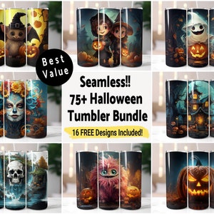 May include: A set of 16 Halloween-themed tumbler designs. The designs feature various spooky and cute characters, including a ghost, a witch, a skull, a monster, and a jack-o'-lantern. The tumblers are perfect for adding a festive touch to your Halloween decor.