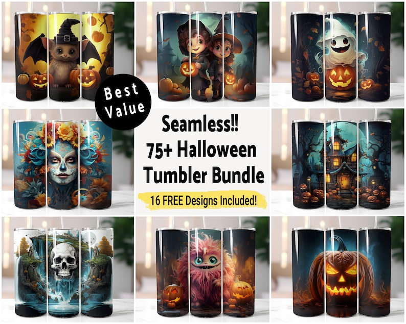 May include: A set of 16 Halloween-themed tumbler designs. The designs feature various spooky and cute characters, including a ghost, a witch, a skull, a monster, and a jack-o'-lantern. The tumblers are perfect for adding a festive touch to your Halloween decor.