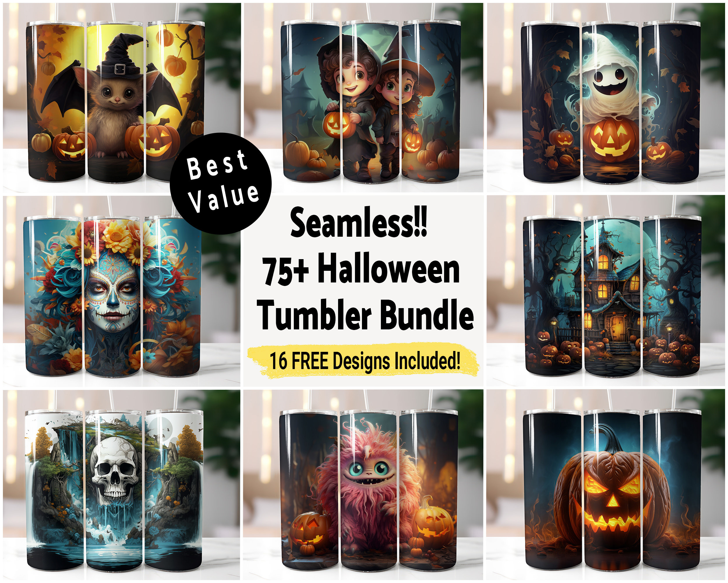 75+ Halloween Bundle Tumbler Wrap Seamless Sublimation Spooky Fall, 20 oz Skinny Tumbler Sublimation Design Halloween Digital Download PNG