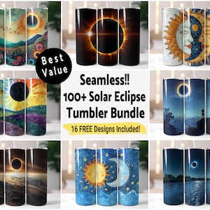 Solförmörkelse bunt Tumbler Wrap sömlös sublimering 100+ PNG, 20 oz smal tumbler sol och måne himmelsk design omedelbar digital nedladdning