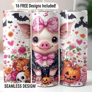 Coquette Halloween Tumbler Wrap Cute Pig Pumpkin Tumbler Sublimation PNG, 20 oz Skinny Tumbler Wrap, Spooky Pig Spider Bow Download