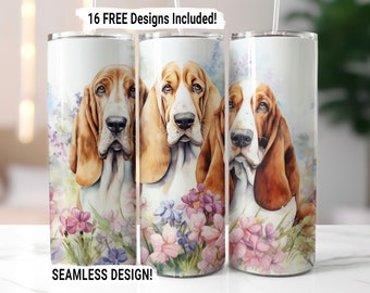 Basset Hound Tumbler Wrap Seamless Sublimation PNG, 20 oz Skinny Tumbler Sublimation Dog Mom Tumbler Design Digital Download