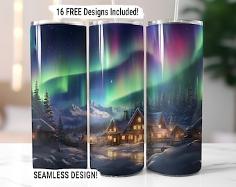 Envoltório para copo Northern Lights, sublimação perfeita PNG, design de sublimação para copo fino de 20 oz, download digital Aurora Borealis