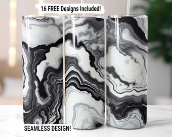 Geode Agate Marble Tumbler Wrap Seamless Sublimation Design PNG, Black and White, 20 oz Skinny Tumbler Wrap Digital Download