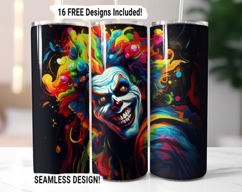 Halloween Neon Scary Clown Tumbler Wrap Seamless Sublimation PNG, 20 oz Skinny Tumbler Sublimation Design Halloween Digital Download