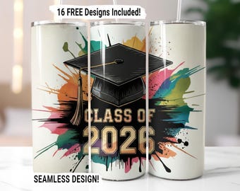 Adesivo para copo térmico "Turma de 2026", Adesivo para copo térmico de formatura com sublimação sem costura, PNG de formatura, Adesivo para copo térmico fino de 590 ml, Design de presente de formatura