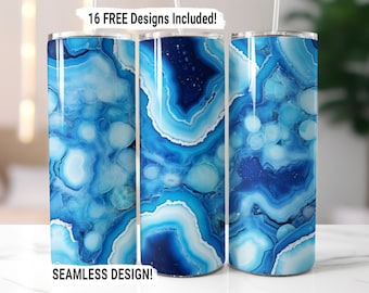 Geode Agate Marble Tumbler Wrap Seamless Sublimation Design PNG, Blue, 20 oz Skinny Tumbler Wrap Digital Download