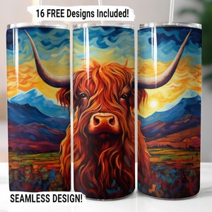Highland Cow Tumbler Wrap Seamless Sublimation PNG, 20 oz Skinny Tumbler Wrap, Highland Cow Sublimation Design, Digital Download