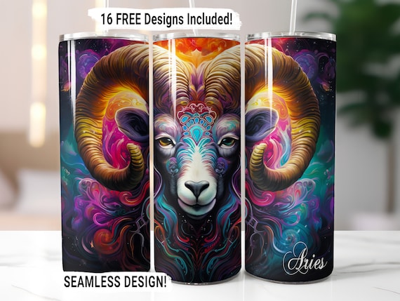 Aries Zodiac Tumbler Wrap Seamless Sublimation PNG, 20 oz Skinny Tumbler Sublimation Design Astrology Sign Digital Download