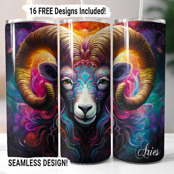 Aries Zodiac Tumbler Wrap Seamless Sublimation PNG, 20 oz Skinny Tumbler Sublimation Design Astrology Sign Digital Download