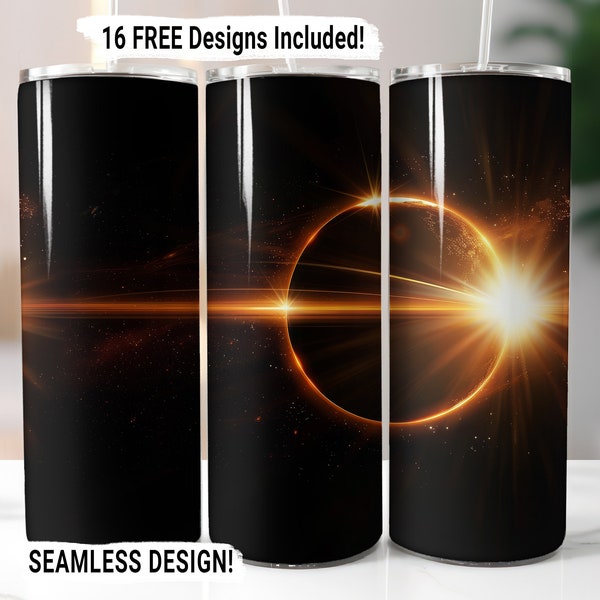 Solar Eclipse Tumbler Wrap Seamless Sublimation Design PNG, 20 oz Skinny Tumbler Wrap Sun and Moon Celestial Design Instant Digital Download