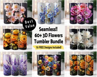 Può includere: Un set di 16 design di sublimazione con fiori 3D per bicchieri. I design includono vari tipi di fiori, come peonie, rose e violette, in diversi colori e arrangiamenti. Il testo "Seamless!! 60+ 3D Flowers Tumbler Bundle 16 FREE Designs Included!" è visualizzato sull'immagine.
