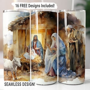Christmas Nativity Scene Tumbler Wrap Seamless Sublimation PNG, 20 oz Skinny Tumbler Sublimation Design, Christmas Nativity Digital Download