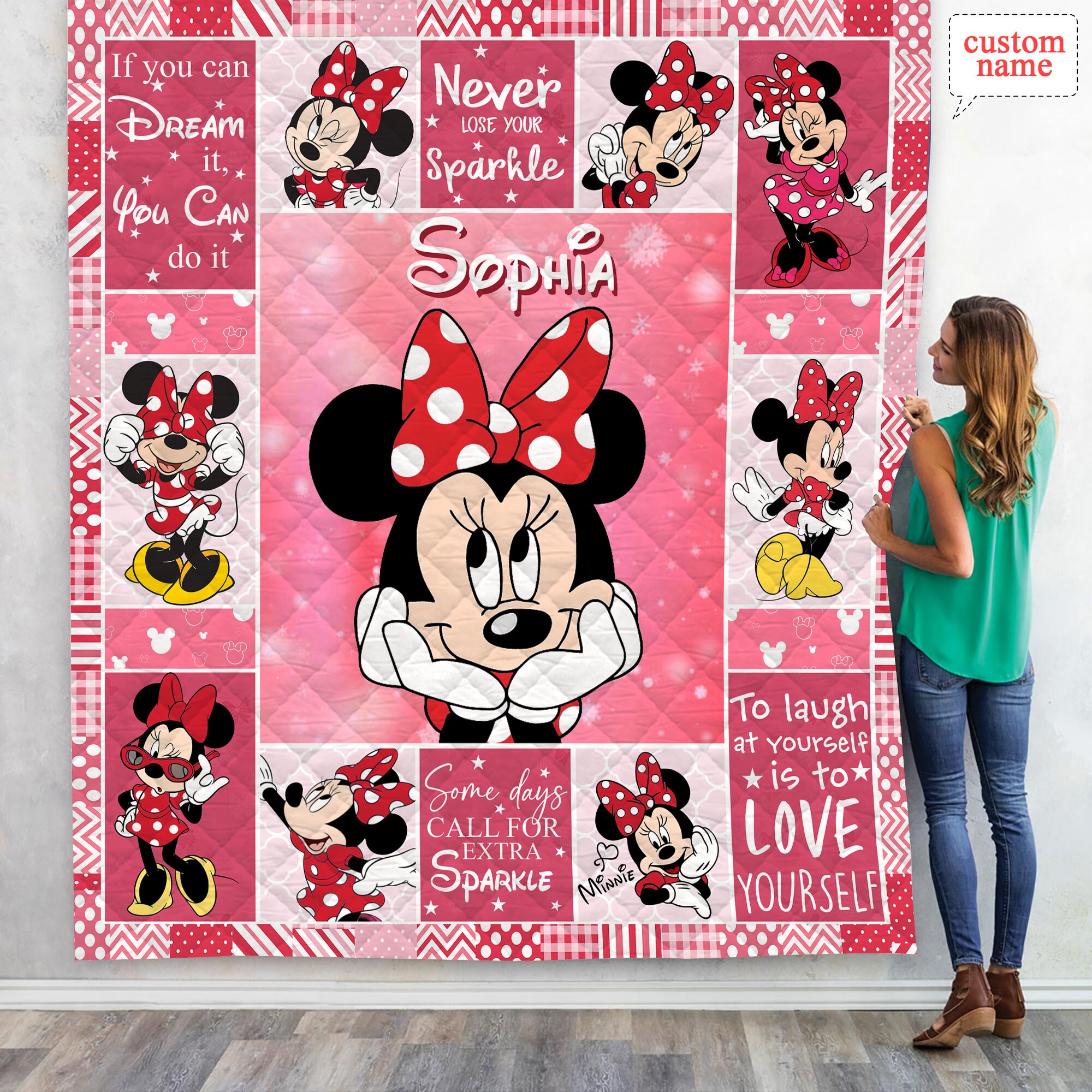 Personalized Disney Minnie Mouse Quilt Blanket, Disney Minnie Fleece Blanket sold by OneStory