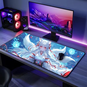Kitsune Anime Mousepad | Unique Mythology Gift | Aesthetic Desk Pad | Kitsune Gaming Mousepad | Fox Spirit-Themed Deskmat