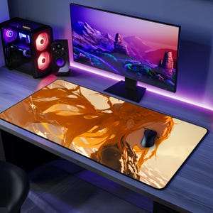 Fiery Anime Girl Gaming Mousepad, Anime Desk Mat, Anime Playmat, Large Desk Pad, XXL Gaming Deskmat, Gift for Gamers, Extended