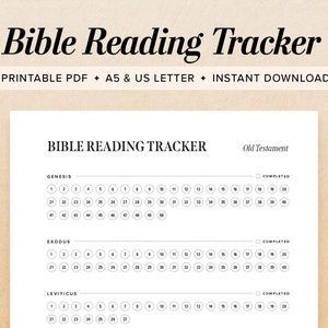 May include: Printable Bible reading tracker with a black and white design. The tracker includes sections for Genesis, Exodus, and Leviticus. Each section has a checkbox for "Completed" and a grid of circles representing chapters.