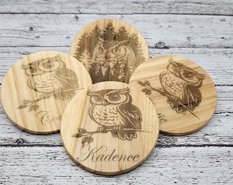 4-inch round laser engraved custom wood coasters with owls (Set of 4)