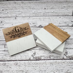 WHITE MARBLE & ACACIA wood coaster (4 pack) Laser Engraved