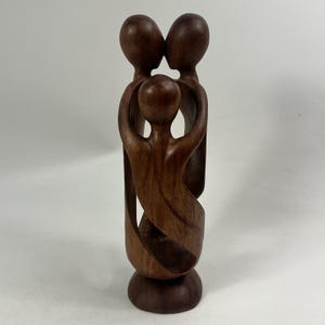 Hand Carved Wood Sculpture Family of Three Abstract Interlocking Statue 12 Inch