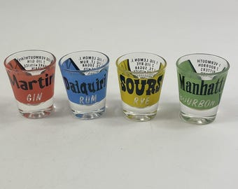 Vintage Cocktail Recipe Shot Glasses Set of 4 Martini Daiquiri Sours Manhattan