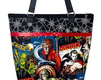 Classic Universal Monsters & Glow In The Dark Spider Webs Tote Large Handbag w/Coffin Charm - Horror Frankenstein Dracula Wolfman Mummy