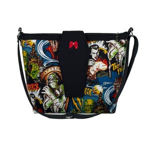 Classic Horror MONSTERS COFFIN FLAP Bag w/Coffin Charm - Cotton Universal Vintage Films Frankenstein Wolfman Mummy Dracula Vampire Halloween