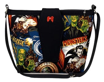 Classic Horror Monsters Coffin Flap Bag - Cotton w/Adjustable Strap & Coffin Charm Universal Films Gothic Frankenstein Dracula Mummy Wolfman