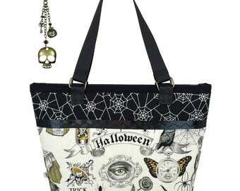 Bolso y dije victoriano de telarañas que brillan en la oscuridad para Halloween: ataúdes de brujas, calaveras, esqueletos, ataúdes, cuervos, calabazas, estilo vintage oscuro.