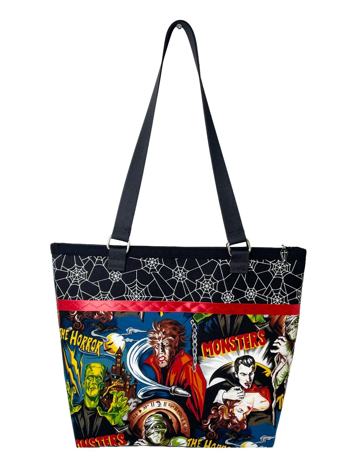 Classic Universal Monsters & Glow In The Dark Spider Webs Tote Large Handbag w/Coffin Charm - Horror Frankenstein Dracula Wolfman Mummy