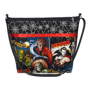 Classic Monsters & Glow in Dark Spider Webs Large Shoulder Bag Cotton Fabric Coffin - Universal Frankenstein Dracula Mummy Wolfman Horror