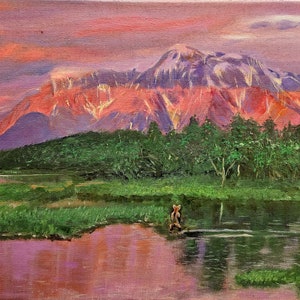 Special Only One  Original Oil Painting On Canvas Sunset2 in Brooks Falls in Alaska Handmade