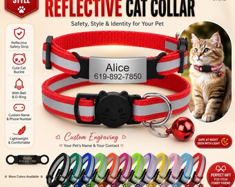 Collar reflectante personalizado para gatos con placa de identificación grabada a medida, cascabel de seguridad con sistema de liberación rápida y placa de identificación ajustable para mascotas.