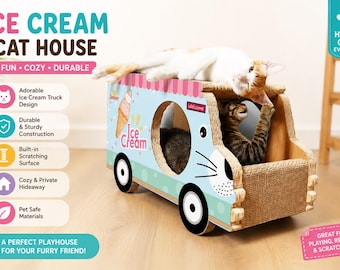 Ice Cream Truck Cat House | Cardboard Scratcher, Bed, Playhouse for Kittens & Cats House