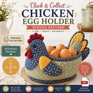 Può includere: Un cartamodello per un portauova in tessuto a forma di gallina, con corpo blu a fiori, base verde a foglie e ali gialle. Il design include cresta e bargigli rossi, con uova marroni all'interno. Il testo riporta Cluck & Collect Chicken Egg Holder.