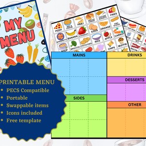 PECS Menu do druku z wymiennymi elementami - możliwość dostosowania - natychmiastowe pobranie cyfrowe