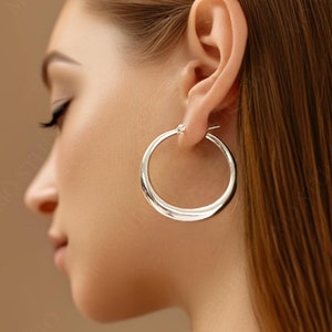 Silver Large Hoop Earring, 45mm Chunky Silver Hoop Earring, Minimalist Silver Hoop, Boho Chic Thick Hoop Earring, Thick Huggie Hoop Earrings
