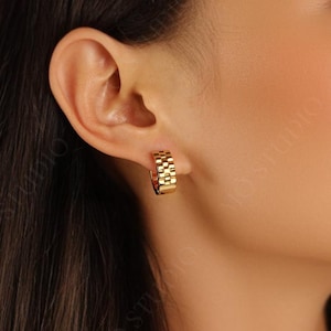 Small Boho Patterned Chunky Huggie Hoops, 18k Gold Statement Minimalist Small Hoop Earrings, Everyday Tiny Thick Hoop Earrings Lightweight
