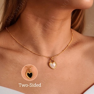 Dainty Gold Heart Necklace, Boho Mother of Pearl Necklace,Black Onyx  Necklace, Minimalist Necklace, Black Gold Gemstone Necklace,Waterproof