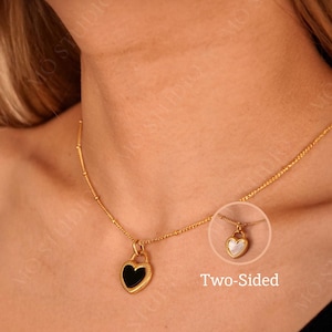 Two Sided Dainty Gold Heart Necklace, Black Onyx  Necklace, Boho Mother of Pearl Necklace, Minimalist Necklace, Black Gold Gemstone Necklace