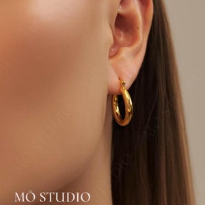 Chunky 18K Gold Hoop Earrings, Small Thick Gold Hoop Earrings, Large Huggie Hoop Earrings, Bold Gold Huggie Earrings, Boho Hoop Earrings