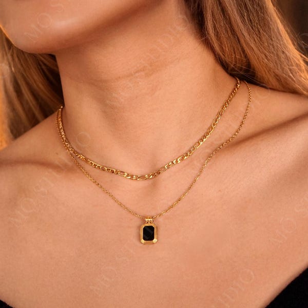 18k Gold Black Onyx Necklace, Minimalist Gold Double Chain Necklace, Statement Necklace Stacking Chain Necklace Layering Necklace Waterproof