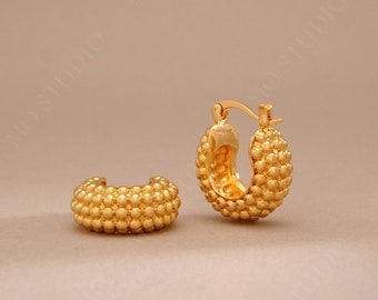 Vintage Chunky Gold Earrings, Thick Gold Beaded Hoops, Gold Hoop Earrings, Patterned Earrings, Small Hoop Earrings, Boho Hoop Earrings