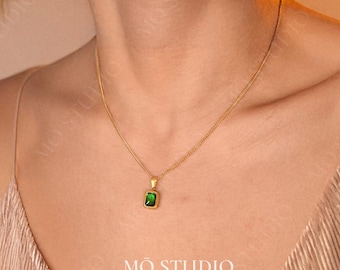 Dainty Emerald Necklace, Green Emerald Choker, Emerald Jewelry, Emerald Pendant Necklace, May Birthstone Necklace, Waterproof Gold Necklace