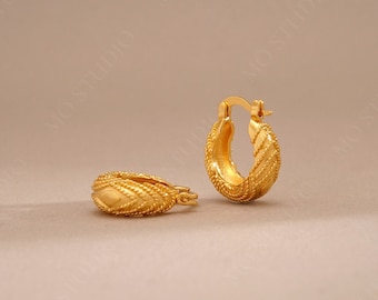 Chunky 18K Gold Bohemian Hoop Earrings, Dainty Gold plated Hoop Earrings, Small Gold Hoop Earrings, Thick Gold Huggie Earrings