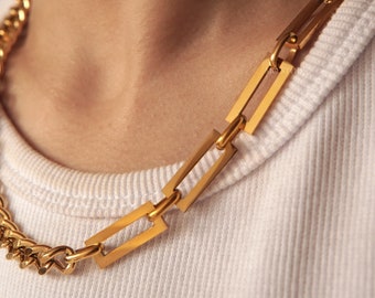 Grosse chaîne en or avec maillons rectangulaires, bijoux audacieux, superposition de bijoux, grosse chaîne, collier chaîne cubaine
