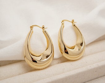 Chunky Oversized Gold Oval Hoop Earrings: Large Gold-Plated Statement Hoops for Minimalist Bold Chic Style