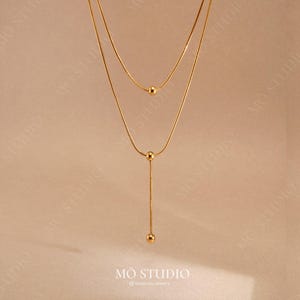 Minimalist Double Gold Snake Chain Necklace, Long Gold Herringbone Chain, Statement Necklace, Layered Necklace, Gift for Mom, Gift for her